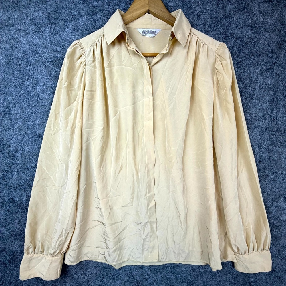 Vintage St John Secretary Blouse Shirt Women 10 Beige Pleated Puff Sleeve Office